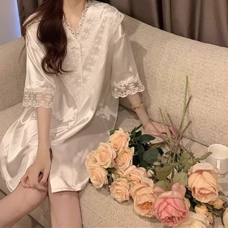 桑蚕丝真丝睡衣女纯欲风v领花边