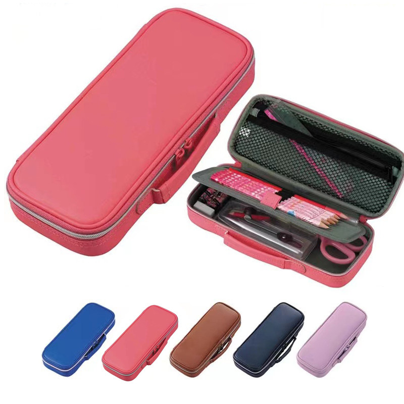 日本学生皮质铅笔盒文具盒大容量双层笔袋老款防水PU简约轻便纯色