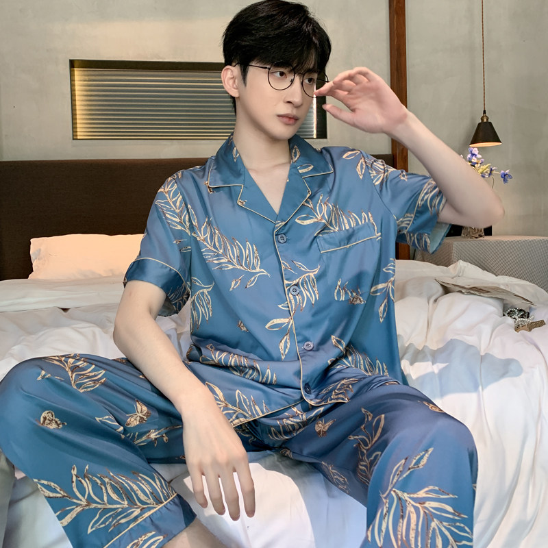 睡衣男士冰丝薄款夏季雪纺缎家居服透气新款丝绸短袖长裤休闲套装