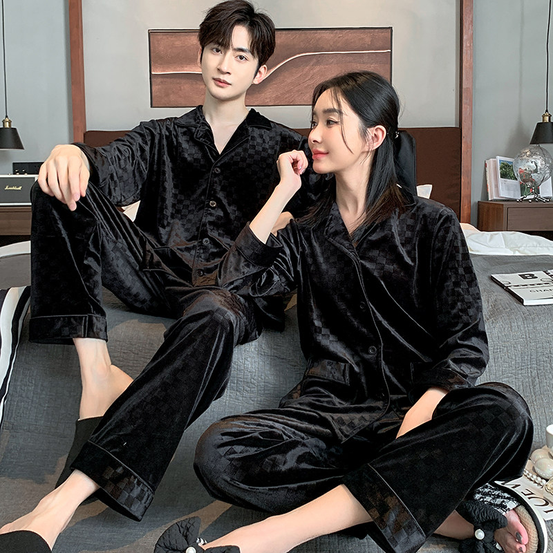 黑色金丝绒情侣睡衣女秋冬款长袖家居服男士可外穿高级感两件套装,女士内衣/男士内衣/家居服,睡衣/家居服套装,淘宝优惠券,粉丝福利购,淘宝优惠卷