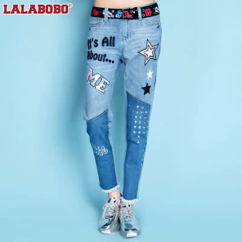 拼接牛仔裤九分牛仔布2020