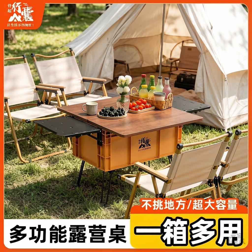 户外一体折叠桌露营收纳箱便携式野炊装备野营野餐桌装备全套露营