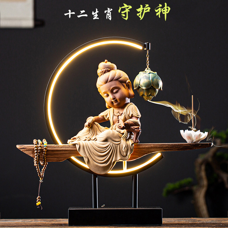 陶瓷供奉观音菩萨如来生肖守护神佛像禅意摆件 发光灯圈倒流香架