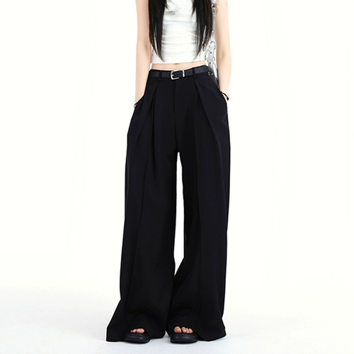 Ретро дизайнерский костюм, летние черные корейские штаны, в американском стиле, оверсайз, свободный крой