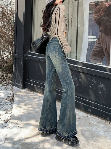 Ретро джинсы, тонкие штаны, штаны-клёш, в американском стиле, высокая талия, свободный крой