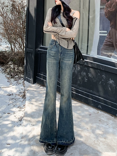 Ретро джинсы, тонкие штаны, штаны-клёш, в американском стиле, высокая талия, свободный крой