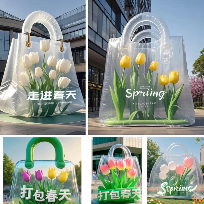 定制PVC透明郁金香花朵手提包气模打包春天户外露营装置商场美陈