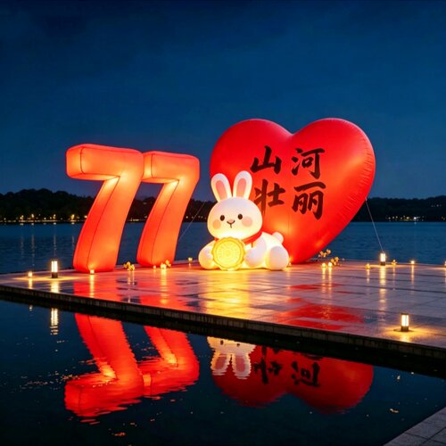 国庆77周年发光爱心兔子大型气模中秋商业街酒店景区美陈打卡装置