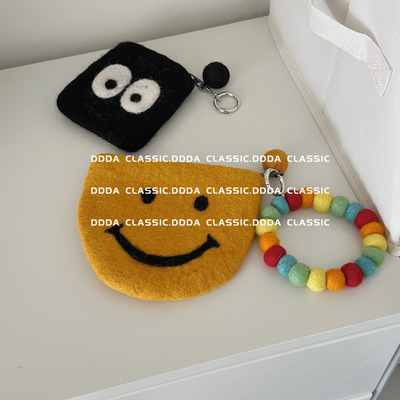 ins风 手工毛毡可爱黄色笑脸零钱包 手拿包