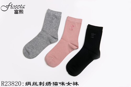特价三双包邮富熙fioseta秋冬新款R23820绢丝刺绣猫咪女袜桑蚕丝