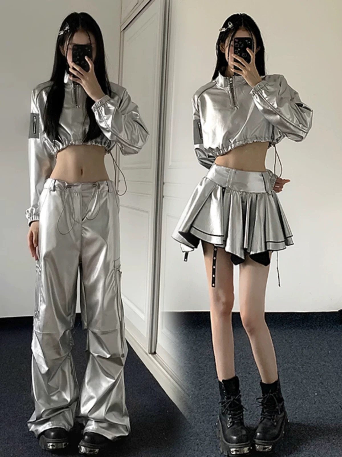 辣妹银色长袖短款卫衣炫酷啦啦操表演服DS女嘻哈现代舞练舞服套装
