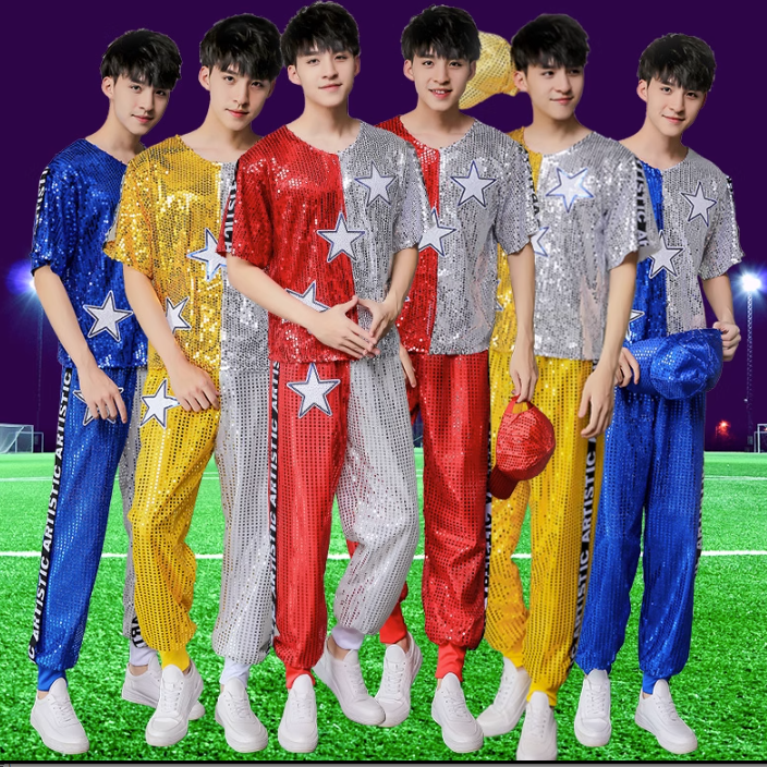 新款男式爵士舞蹈演出服男式新款现代舞啦啦操服装街舞表演服装
