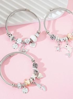 串珠月亮手链礼物吊坠潘家不锈钢