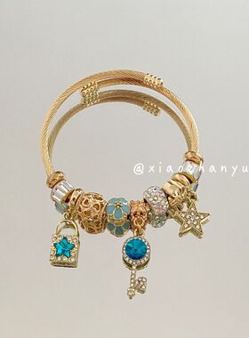 潘家多啦新款DIY串珠手镯 星星钥匙镶钻吊坠百搭可调节闺蜜手镯批