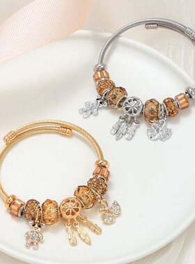 时尚DIY潘家不锈钢手镯 小熊天鹅吊坠金色手环 新款手串手链饰品