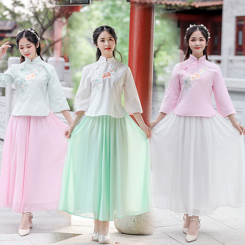 直播花颜新款汉服女成人日常改良汉元素中国风绣花禅茶服禅舞服装