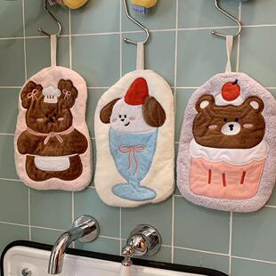 原创厨房吸水速干擦手巾女多巴胺刺绣大号手帕浴室抹布可挂式毛绒