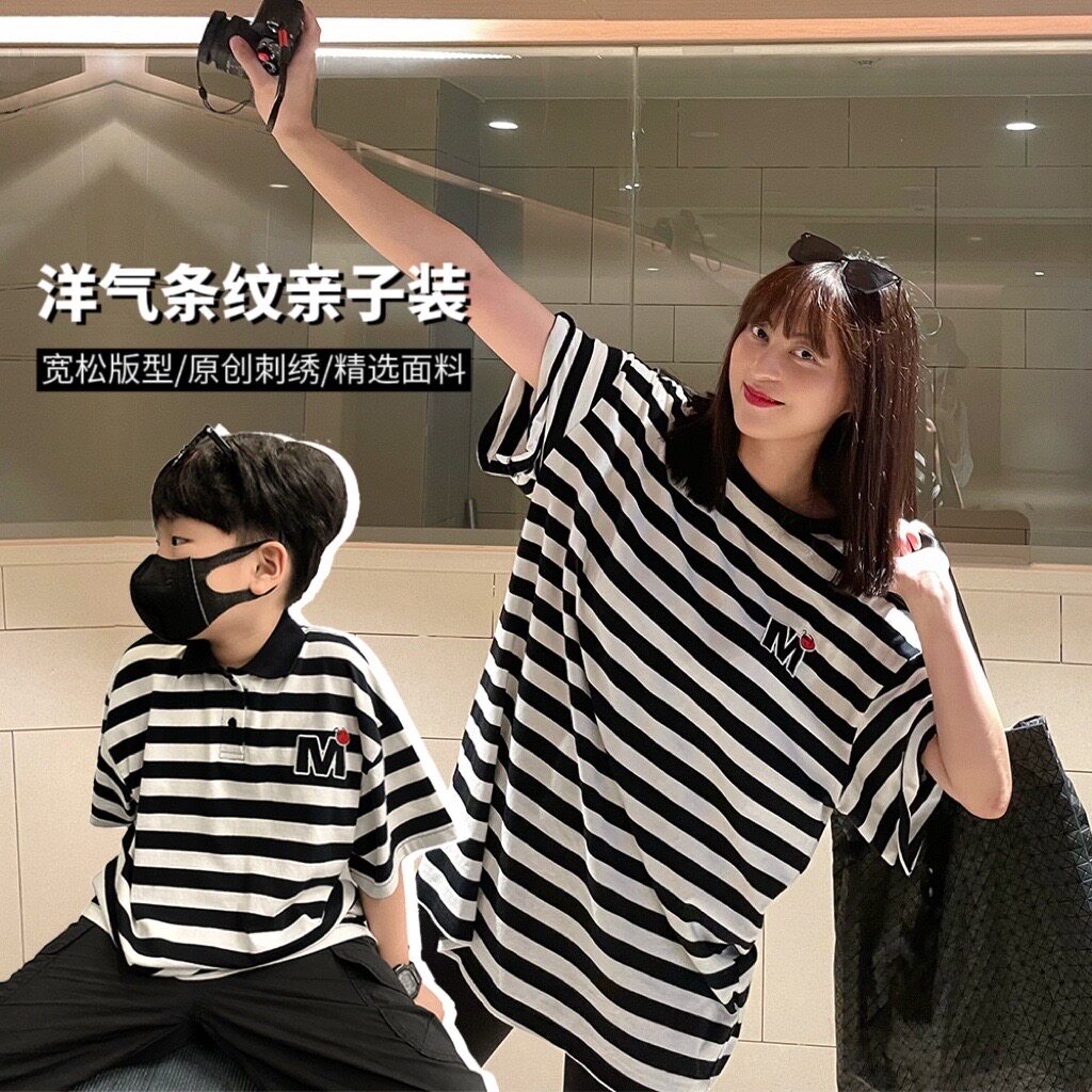 童童家三口亲子装条纹polo宽松图片