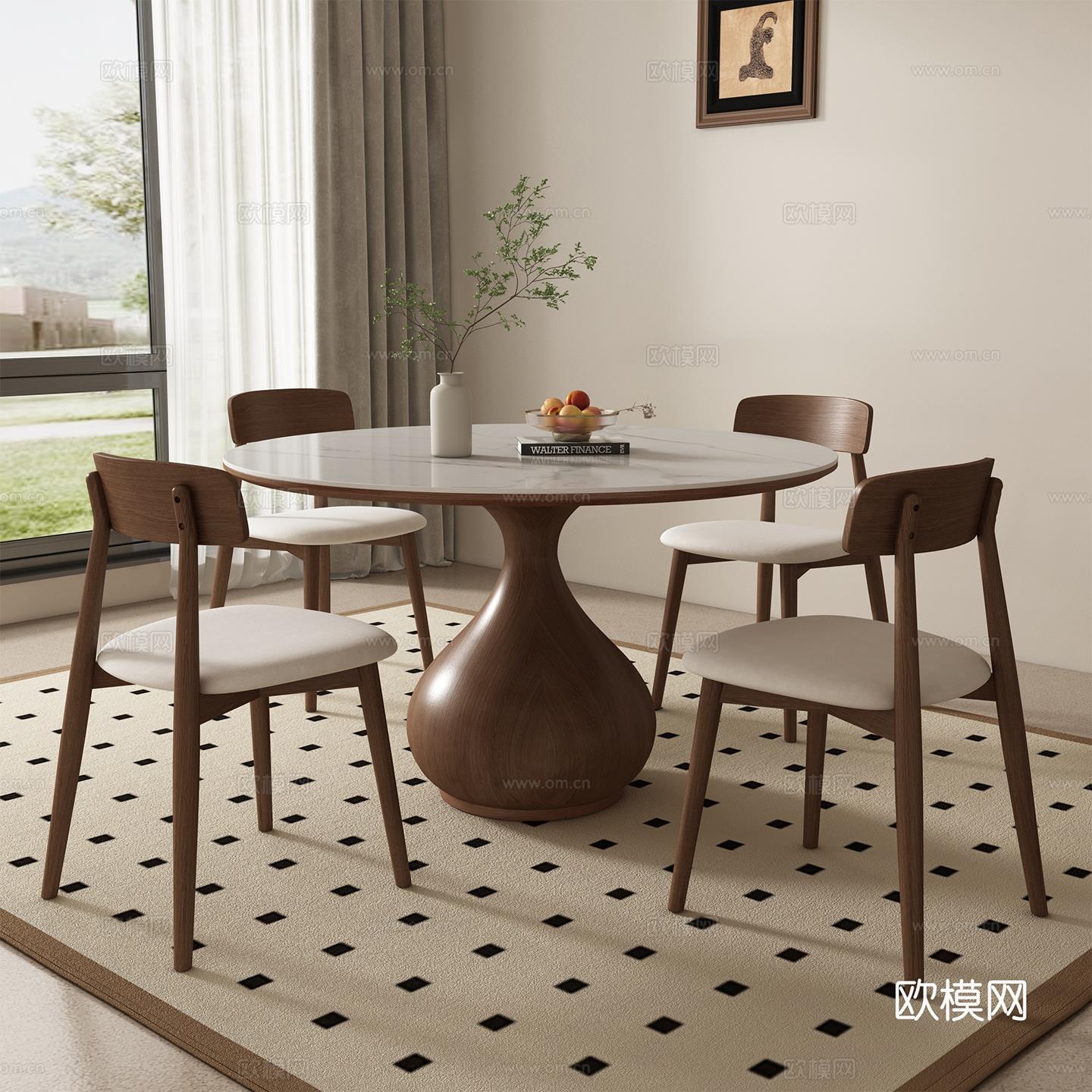 中古风实木圆形岩板餐桌法式复古简约家用饭桌圆桌子餐桌椅组合