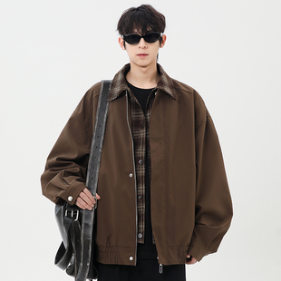 STA复古翻领夹克宽松格子拼接假两件百搭oversize外套情侣款 上衣