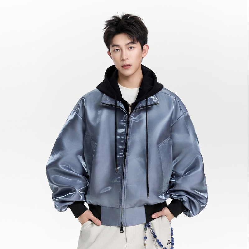 STA假两件连帽夹克男宽松小众外套高级感痞帅美式男装液态金属