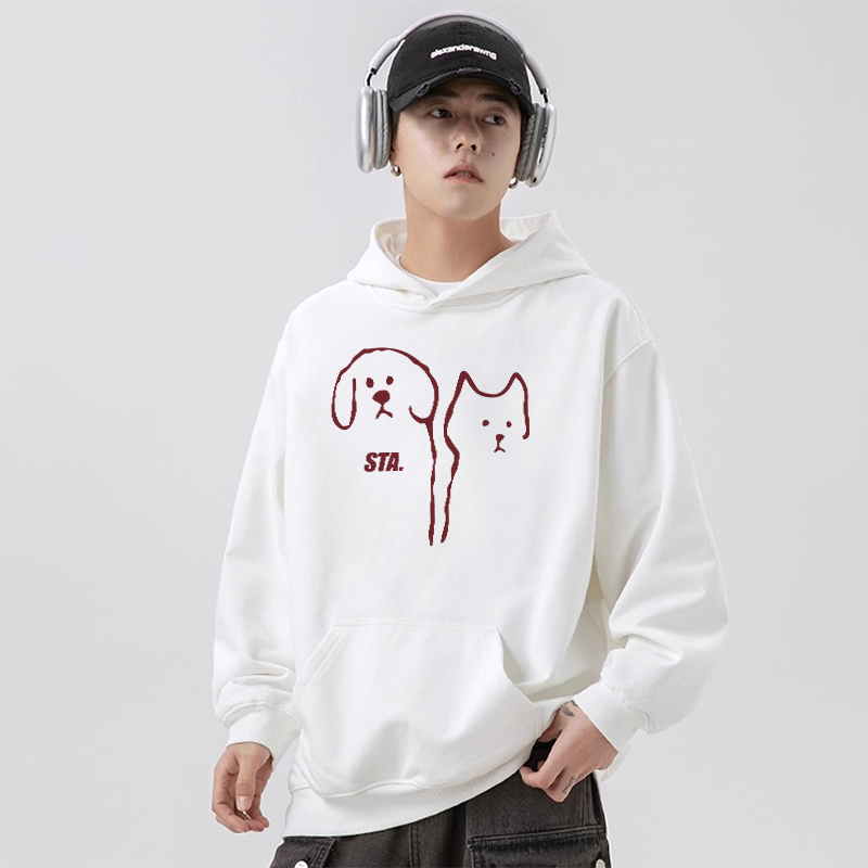 STA线条小狗猫连帽卫衣男女情侣