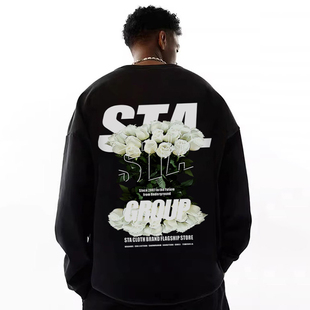 STA24美式 秋冬宽松百搭重磅街头情侣圆领上衣 白玫瑰颠倒卫衣男士