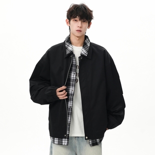 STA秋冬工装 格子拼接翻领夹克男休闲宽松外套复古潮牌拉链上衣