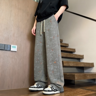 夏季 男士 扎染休闲裤 垂感阔腿裤 复古灰色系绳 宽松直筒长裤 STA新款