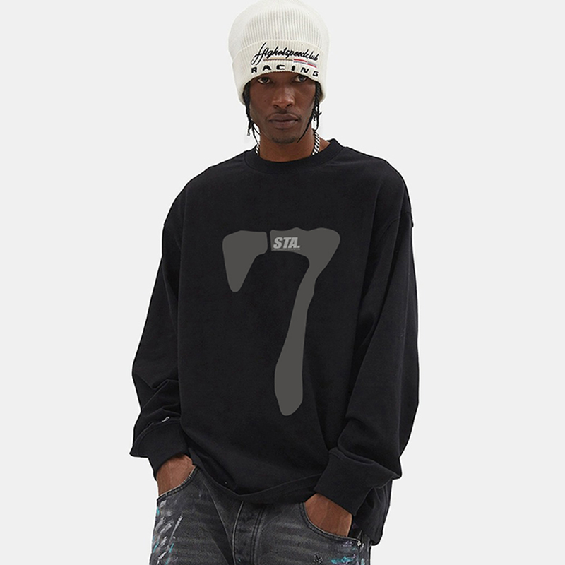 STA数字7印花纯棉长袖t恤