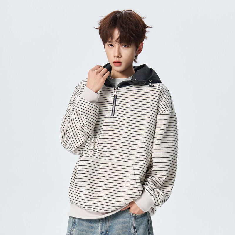 STA美式条纹连帽半拉链卫衣男宽松落肩袖套头潮牌复古青少年上衣