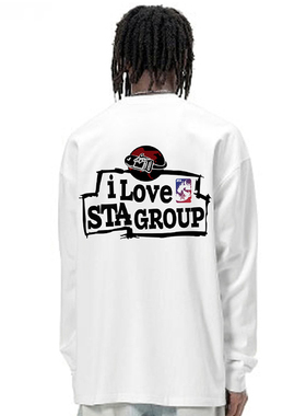 STA美式重磅灰色队标宽松春秋纯棉内搭体恤打底衫圆领长袖T恤男