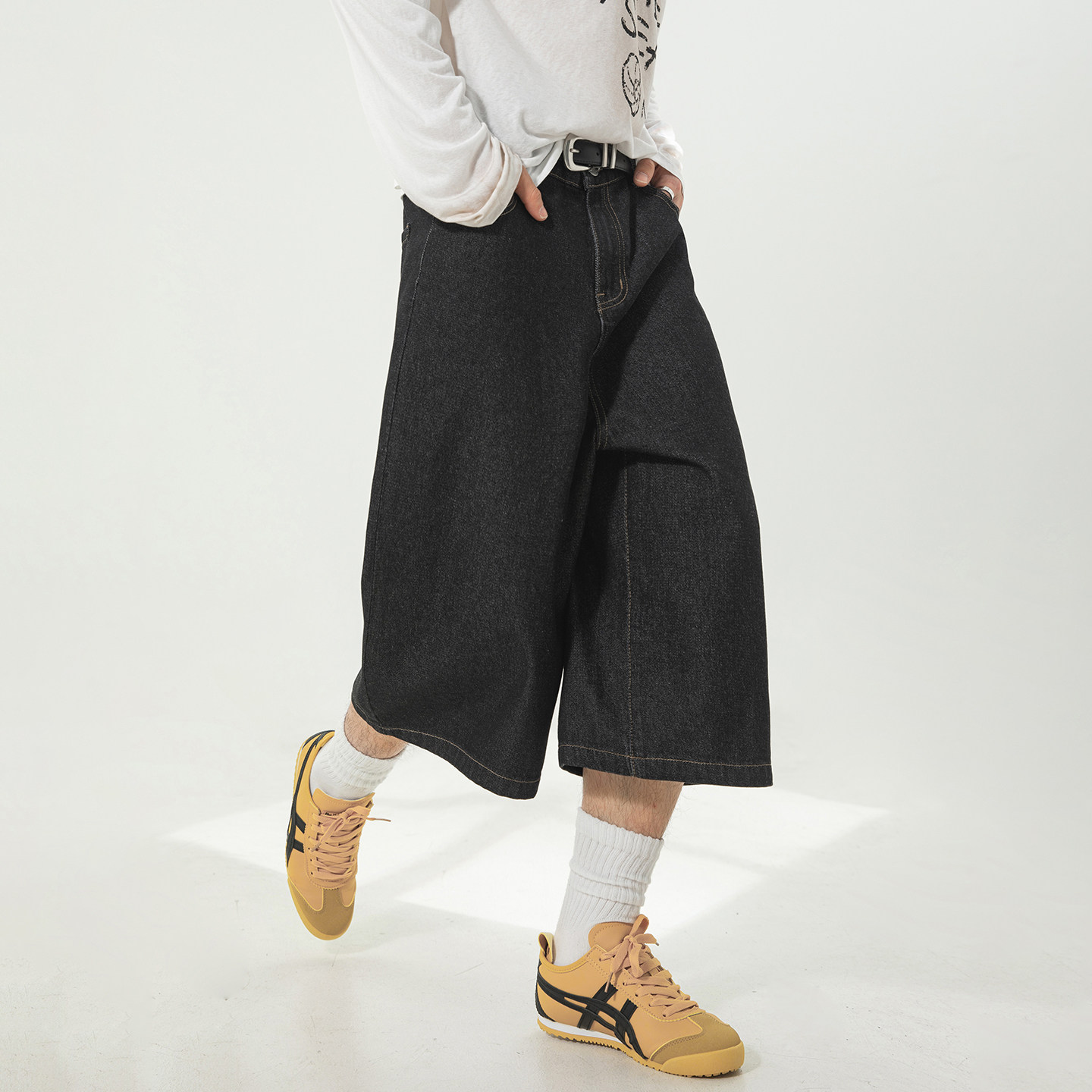 STA潮牌美式复古七分牛仔裤男女夏宽松休闲直筒中裤做旧oversize