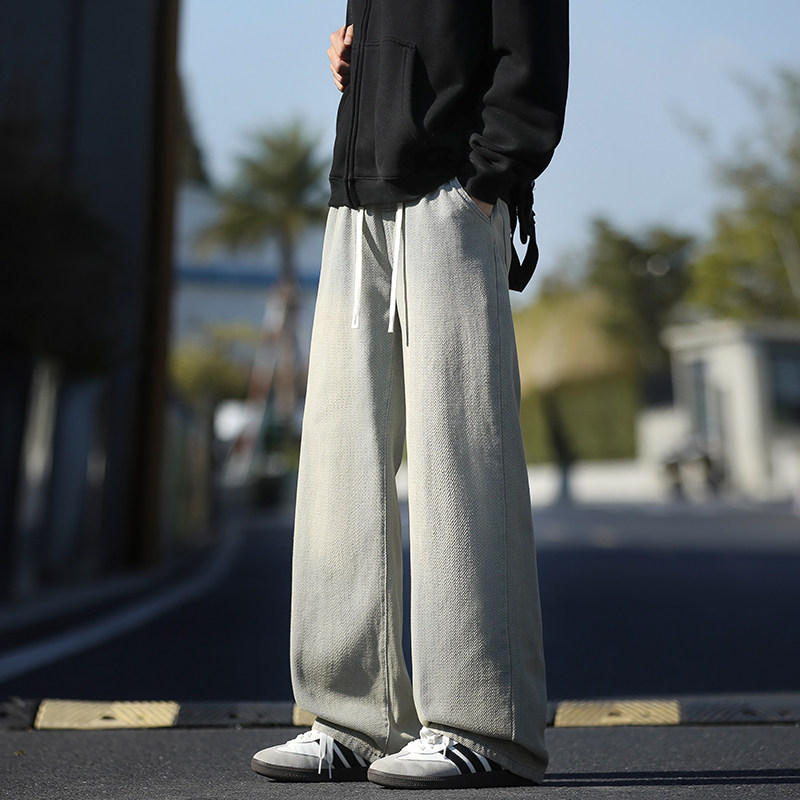 STA新款复古做旧水洗牛仔裤男士宽松抽绳阔腿长裤休闲垂感百搭,男装,牛仔裤,淘宝优惠券,粉丝福利购,淘宝优惠卷