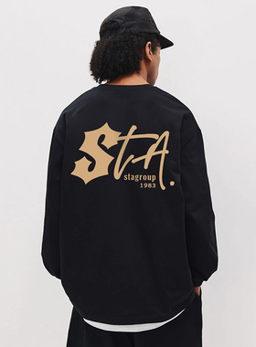 STA手绘字母印花长袖国潮牌宽松情侣美式复古圆领黑色纯棉t恤男女