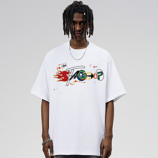 国潮牌纯棉宽松男女情侣款 STA简约涂鸦字母印花短袖 T恤圆领夏季