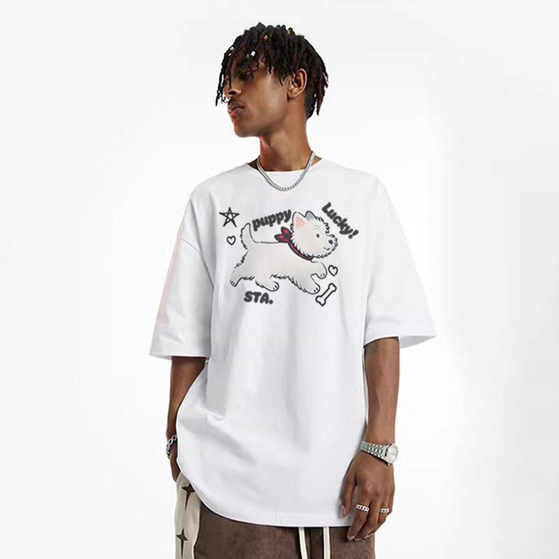 STA新款纯棉卡通狗狗印花短袖T恤男宽松潮流白色可爱女上衣百搭