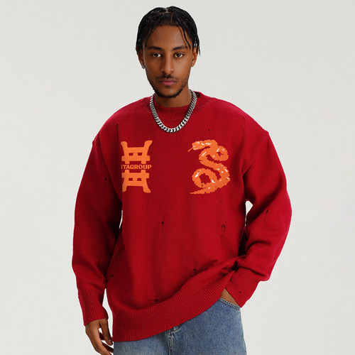 STA国潮吉祥蛇年系列毛衣男女款潮牌宽松慵懒针织衫秋冬潮牌线衫