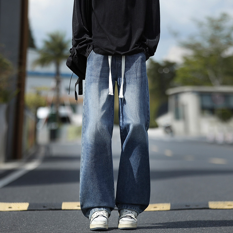STA秋冬抽绳牛仔裤男士宽松直筒阔腿长裤潮牌垂感中腰休闲裤子