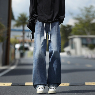 STA秋冬抽绳牛仔裤男士宽松直筒阔腿长裤潮牌垂感中腰休闲裤子
