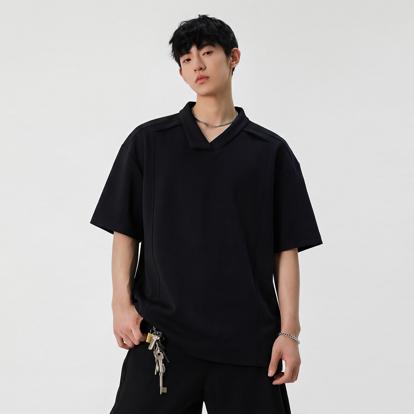 STA潮牌短袖POLO衫男宽松百搭高级感黑色上衣T恤潮酷设计风格翻领