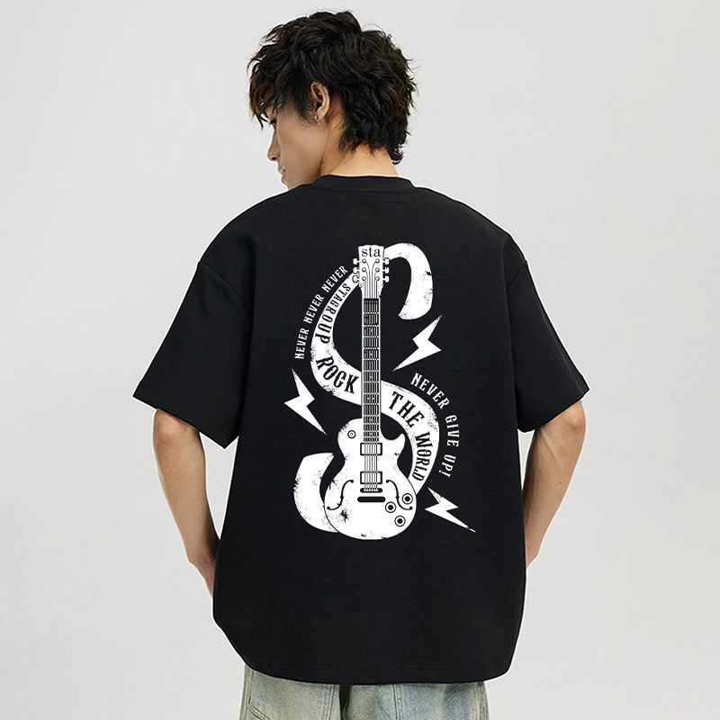 STA美式潮牌吉他印花纯棉宽松休闲短袖T恤男女2025情侣百搭上衣