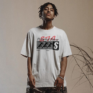 STA美式复古短袖T恤男宽松字母印花潮流百搭青少年落肩袖情侣上衣