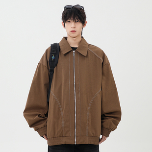 外套青年潮牌百搭夹克 秋冬宽松工装 STA美式 复古咖色翻领夹克男士