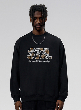 街头休闲风黑色圆领卫衣男宽松字母印花高街潮流百搭上衣