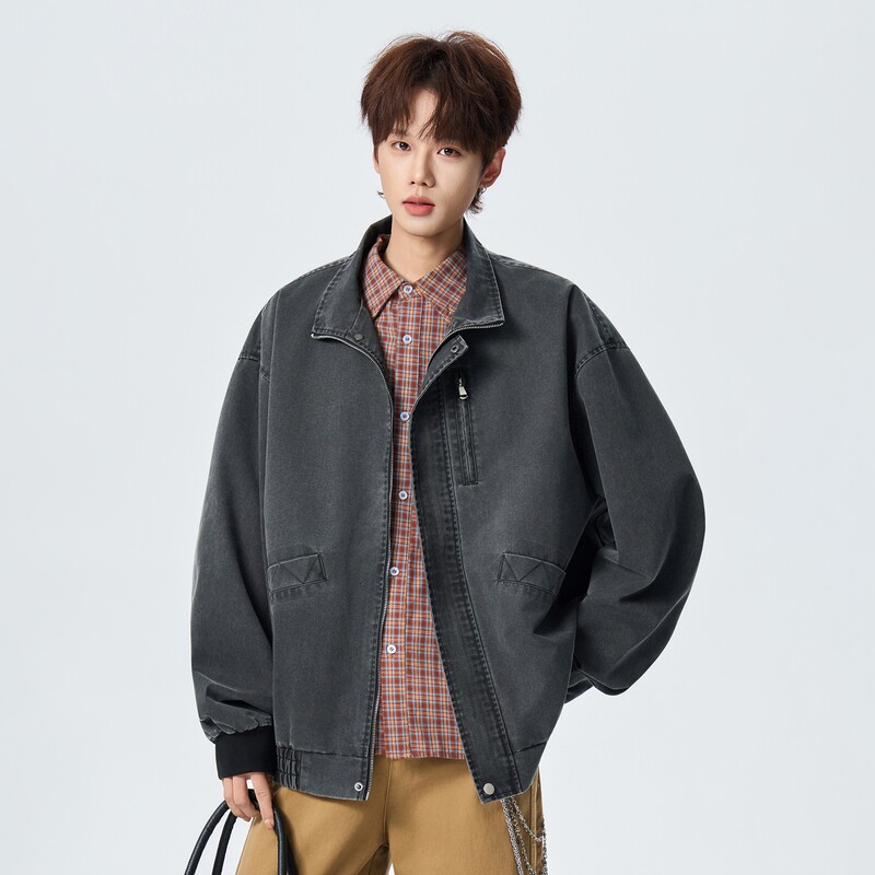 STA春秋时尚立领牛仔夹克男宽松复古拉链外套百搭美式青少年潮流