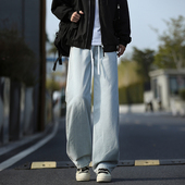 男系带休闲长裤 STA美式 高街复古宽松直筒阔腿牛仔裤 百搭浅蓝潮流