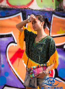 泰国mitra手工波西米亚吉普赛民族风流苏欧美蝙蝠V领袖短款上衣