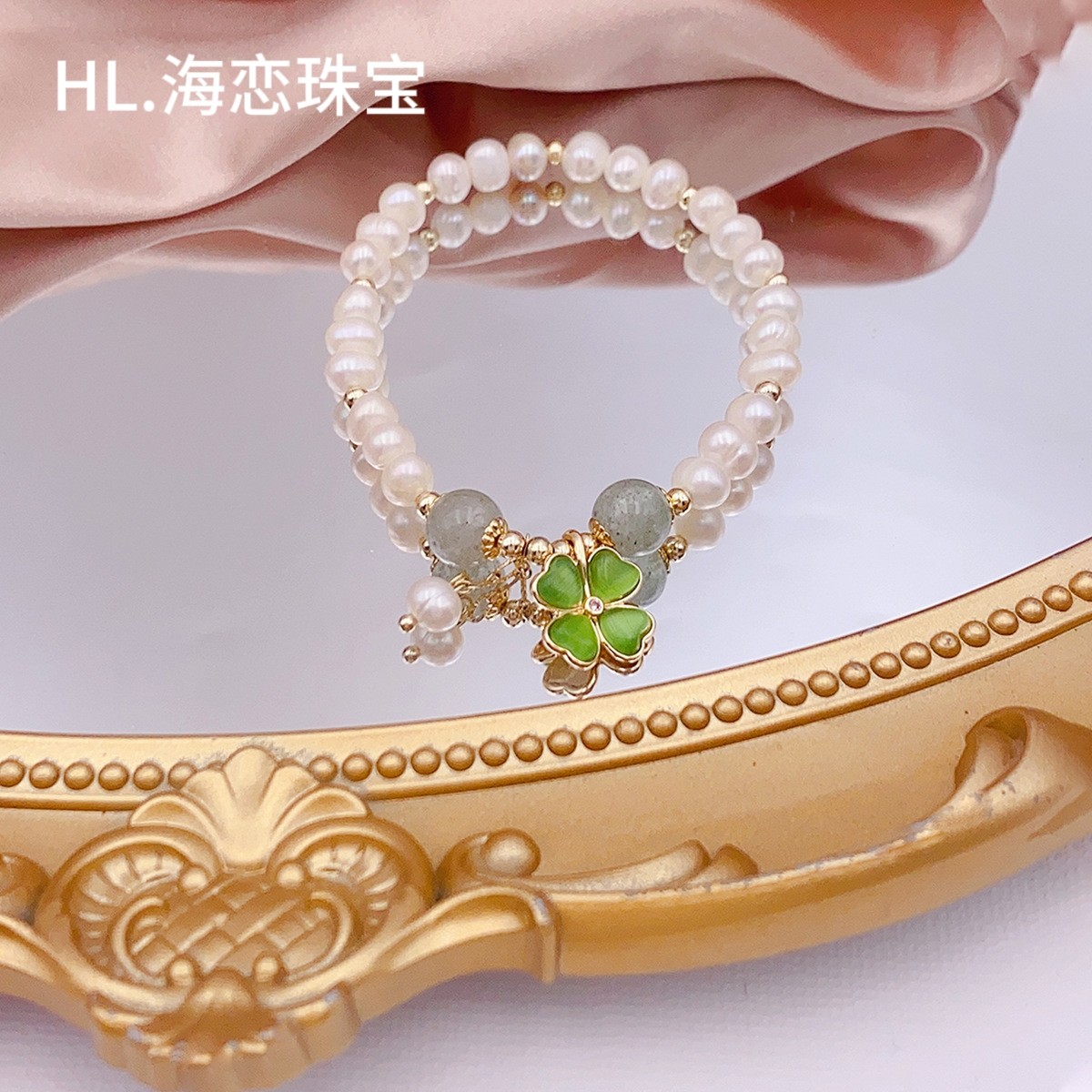 韩版复古淡水珍珠项链猫眼石串珠手链小众设计四叶草吊坠手链女
