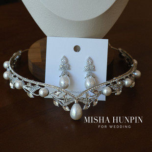 韩式简约新娘珍珠皇冠结婚高级感缎面婚纱头饰生日晚宴发饰礼物